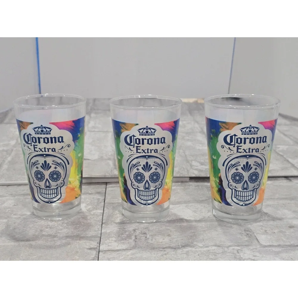 Corona Extra Cerveza Mexican Day Of The Dead Sugar Skull Pint Glasses (Set of 3)